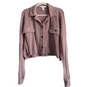 Altar'd State Cropped Long Sleeve Waffle Shirt Women's XL Button Up Mauve Collar